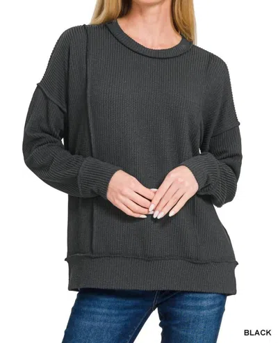 Zenana Mia Corded Pullover In Black In Gray