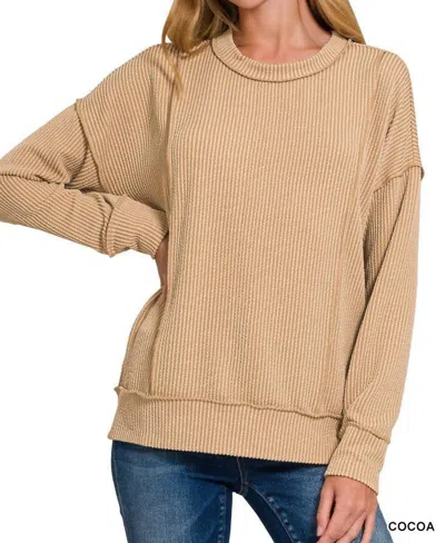 Zenana Mia Corded Pullover In Cocoa In Brown