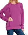 Zenana Mia Corded Pullover In Plum In Pink