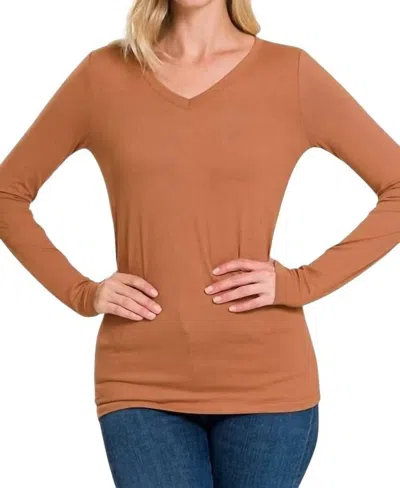 Zenana Microfiber Long Sleeve V Neck Tee In Deep Camel
