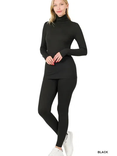 Zenana Microfiber Turtleneck Long Sleeve Top & Leggings In Black