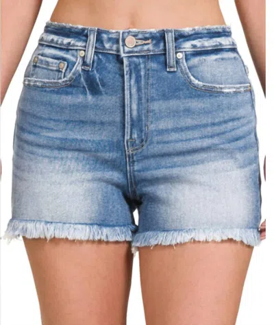 Zenana Mid Rise Raw Hem Shorts In Medium Wash