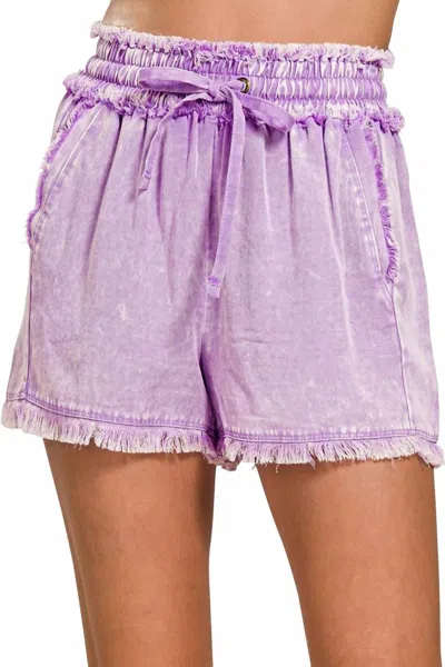 Zenana Mineral Frayed Hem Washed Shorts In B Lavender