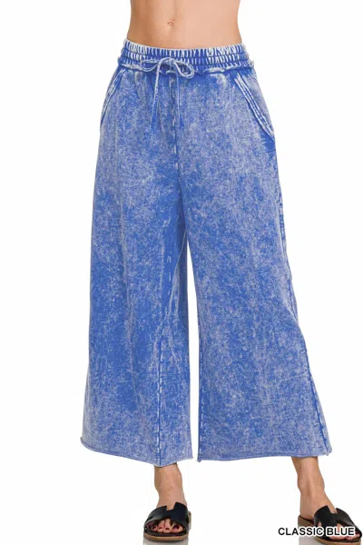 Zenana Mineral Wash Wide Leg Pants In Blue