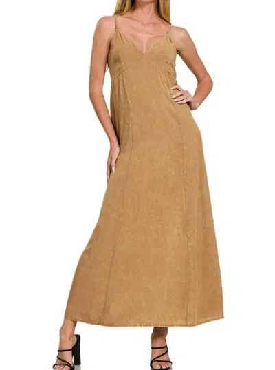 Zenana Mineral Washed Rayon Challis Cami Dress In Deep Camel