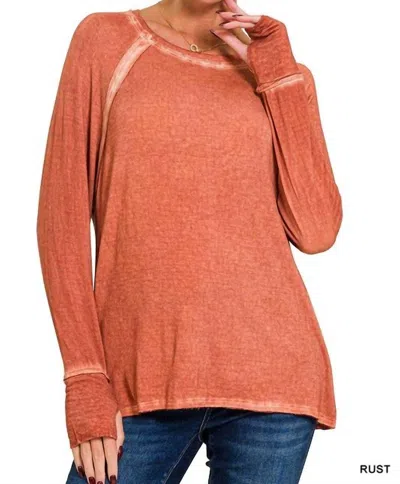 Zenana Misha Washed Thumbhole Cuff Top In Rust In Multi