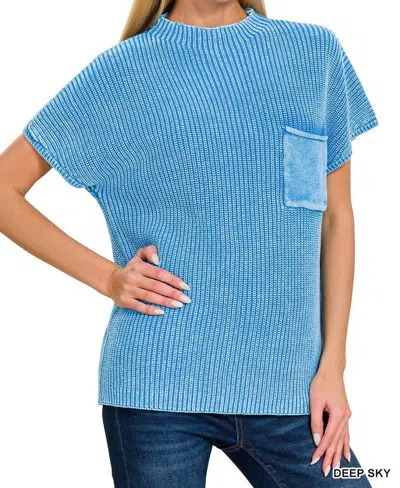 Zenana Mock Neck Short Sleeve Sweater In Deep Sky In Blue