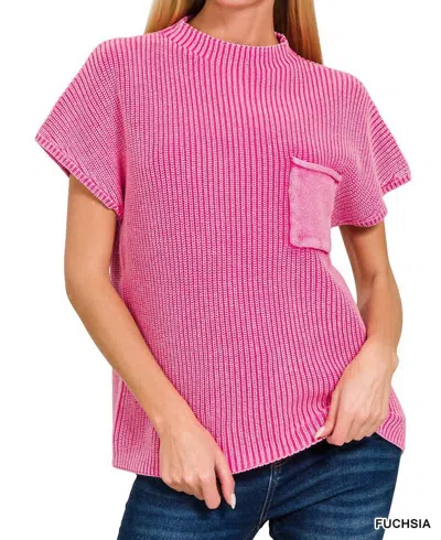 Zenana Mock Neck Short Sleeve Sweater In Fuchsia In Pink