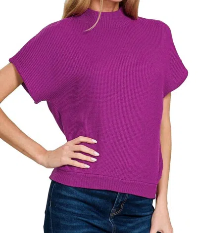 Zenana Mock Neck Short Sleeve Sweater In Plum In Purple