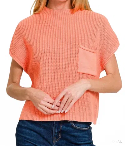 Zenana Mock Neck Short Sleeve Sweater Top In Coral In Orange