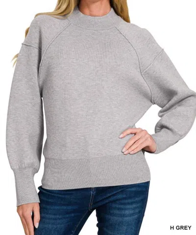 Zenana Mockneck Exposed Seam Sweater In Heather Grey In Gray