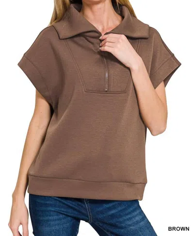 Zenana Naomi Scuba Half Zip In Brown