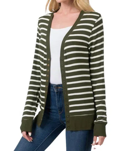 Zenana Nellie Striped Snap Button Cardigan In Olive/ivory In Multi