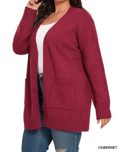 Zenana Open Front Sweater Cardigan - Plus In Cabernet In Brown