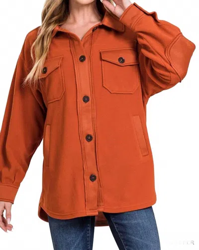 Zenana Oversized Basic Fleece Shacket In Copper In Orange