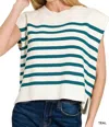 Zenana Oversized Crew Neck Stripe Cap Sleeve Sweater In White/teal In White