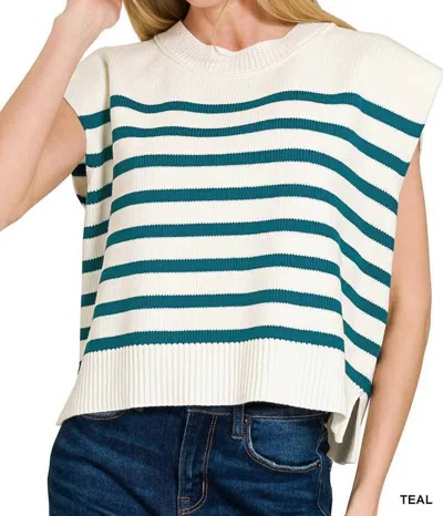 Zenana Oversized Crew Neck Stripe Cap Sleeve Sweater In White/teal