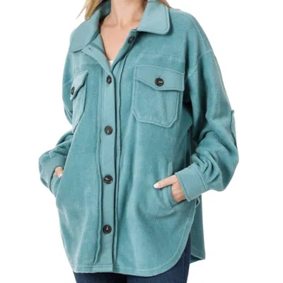 Zenana Oversized Fleece Shacket In Dusty Teal In Green