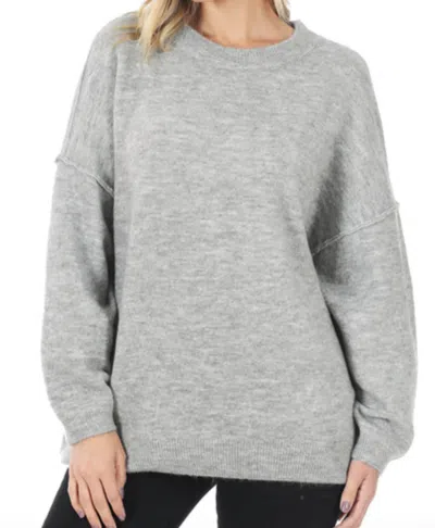 Zenana Oversized Round Neck Raw Seam Sweater In Melange Grey In Multi