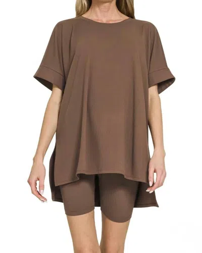 Zenana Oversized Tee And Biker Shorts Set In Chocolate Brown