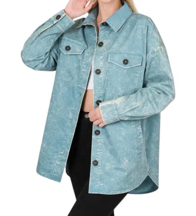 Zenana Oversized Vintage Washed Shacket In Blue Grey