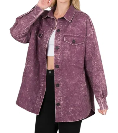 Zenana Oversized Vintage Washed Shacket In Eggplant In Beige