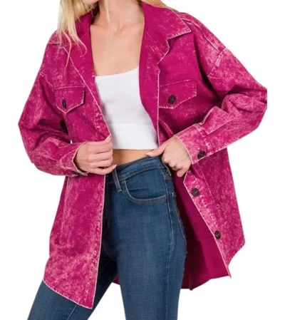 Zenana Oversized Vintage Washed Shacket In Magenta In Pink