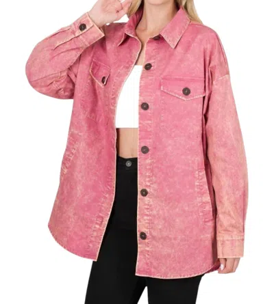 Zenana Oversized Vintage Washed Shacket In Rose In Pink