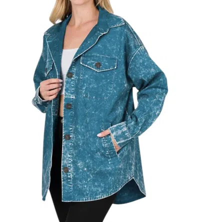 Zenana Oversized Vintage Washed Shacket In Teal In Blue