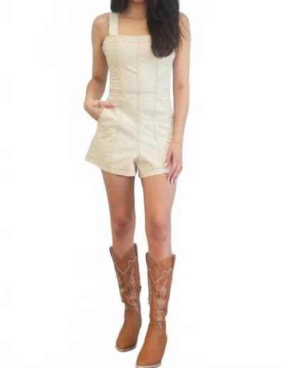 Zenana Pierre Square Neck Denim Romper In Oatmeal In White
