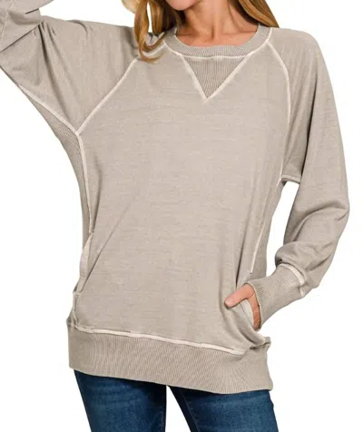 Zenana Pigment Dyed French Terry Pullover Sweater In Ash Mocha In Brown