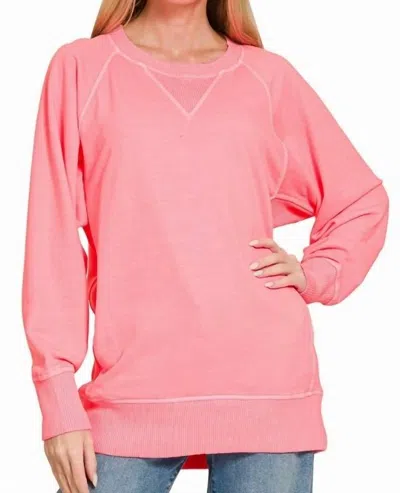 Zenana Pigment Dyed French Terry Pullover Sweater In Bright Pink