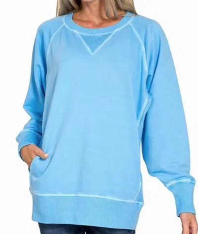 Zenana Pigment Dyed French Terry Pullover Sweater In Deep Sky In Blue