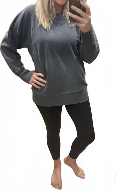 Zenana Pigment Dyed French Terry Pullover Sweater In Black In Gray