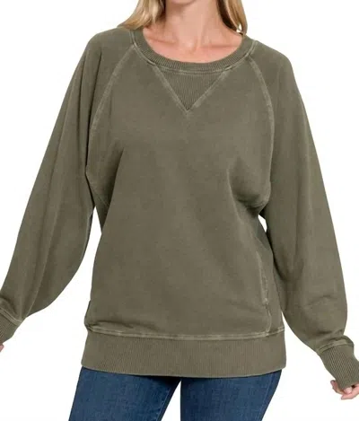Zenana Pigment Dyed French Terry Pullover Sweater - Plus Size In Dark Olive In Green