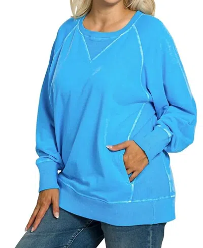 Zenana Pigment Dyed French Terry Pullover Sweater - Plus Size In Ocean Blue