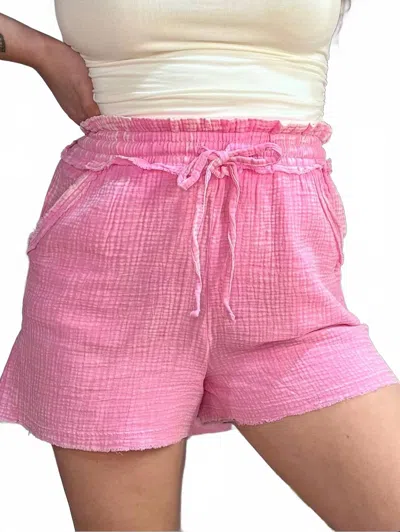 Zenana Pippa Washed Double Gauze Frayed Hem Drawstring Shorts In Candy Pink