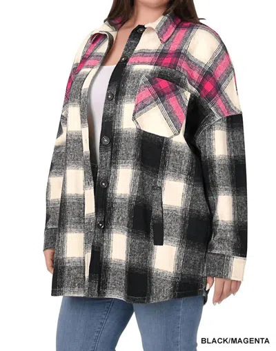 Zenana Plaid Flannel Long Line Shirt Jacket With Pockets - Curvy In Fuchsia In Multi