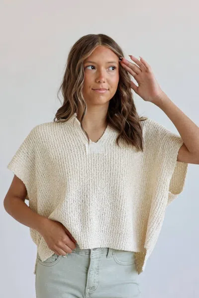 Zenana Poppy Relaxed Split Neck Lightweight Knit Top In Beige In Nude