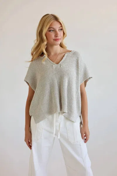 Zenana Poppy Relaxed Split Neck Lightweight Knit Top In Gray