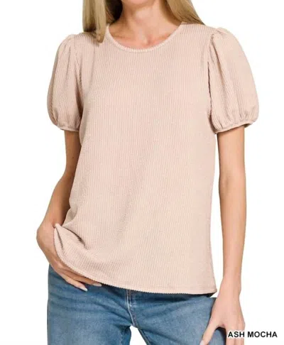 Zenana Puff Sleeve Corded Shirt In Ash Mocha In Neutral