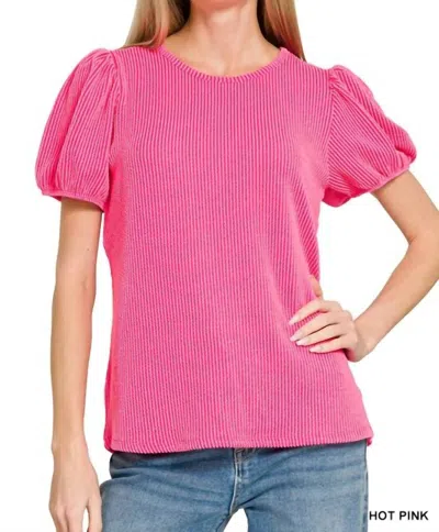 Zenana Puff Sleeve Corded Shirt In Fuchsia In Pink