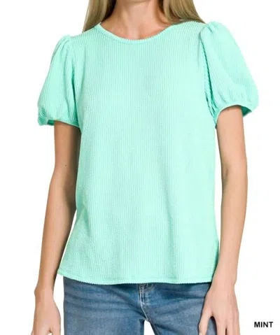 Zenana Puff Sleeve Corded Shirt In Turquoise In Green