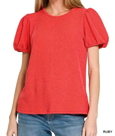 Zenana Puff Sleeve Corded Shirt In Ruby In Red