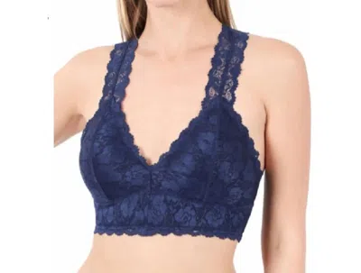 Zenana Racerback Lace Bralette In Navy In Multi