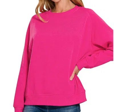 Zenana Raglan Crewneck Sweatshirt In Hot Pink
