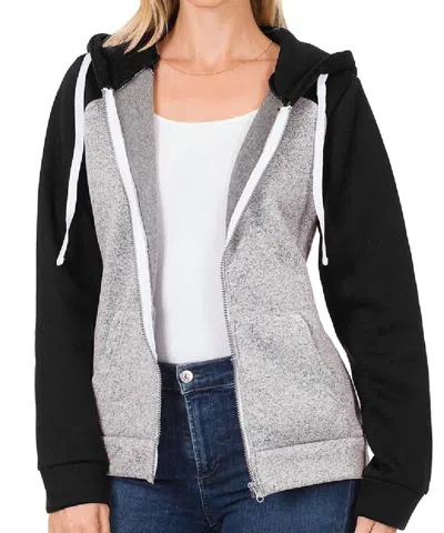 Zenana Raglan Sleeved Hoodie In Black In Grey