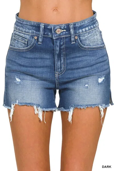 Zenana Raw Frayed Hem Cutoff Side Slit Denim Shorts In Dark Wash In Blue