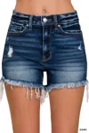 Zenana Rebel Frayed Hem Shorts In Dark Blue Denim In Multi