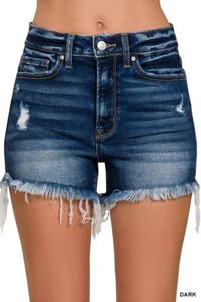 Zenana Rebel Frayed Hem Shorts In Dark Blue Denim In Multi